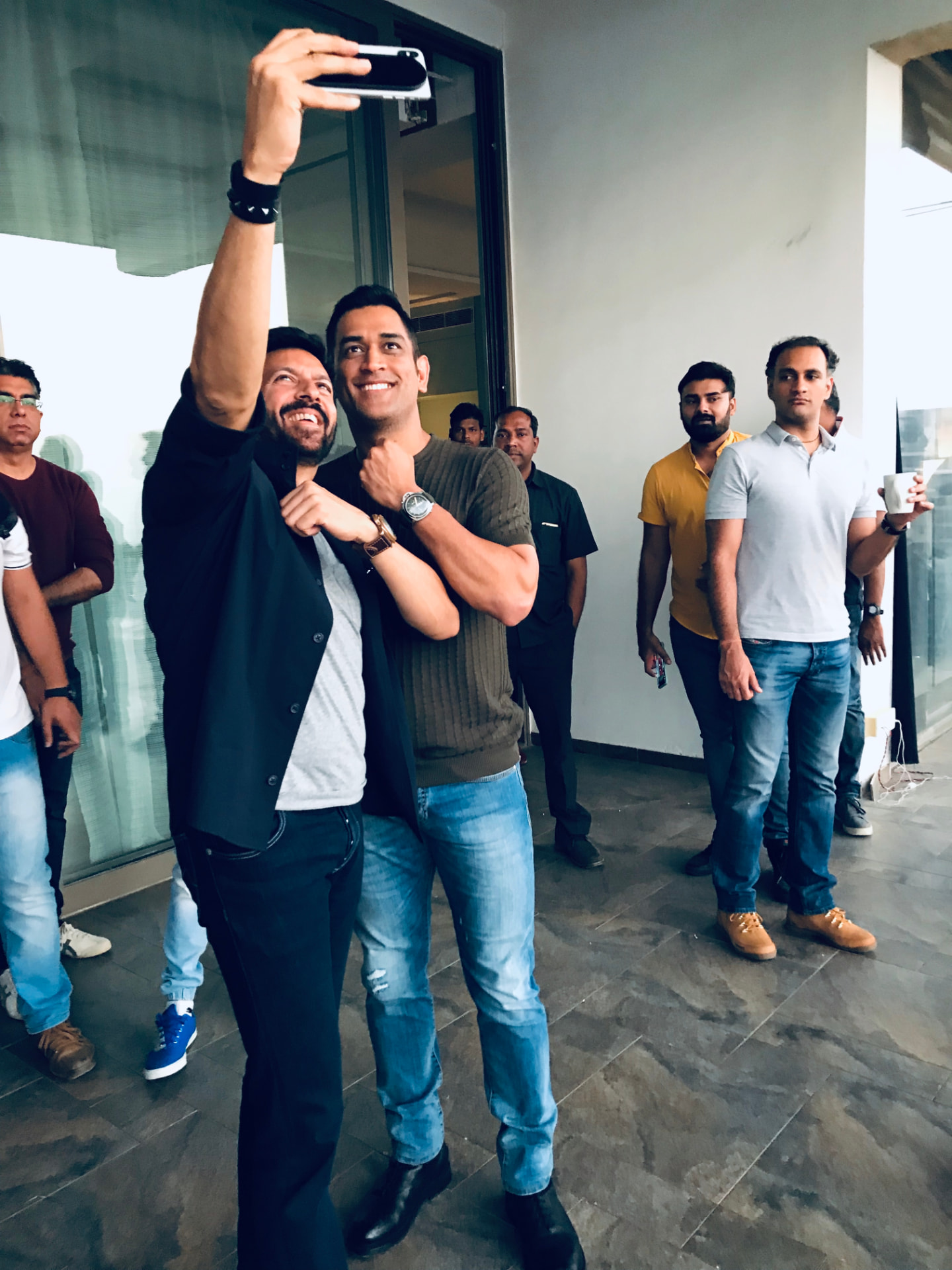 Selfie with MS Dhoni on the Roar of the Lion set as crew look on